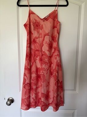 Floral Coral Midi Slip Dress with Spaghetti Straps